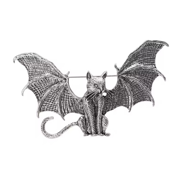 Vintage Wings Bat Cat Silver Brooch - Picture 6 of 10